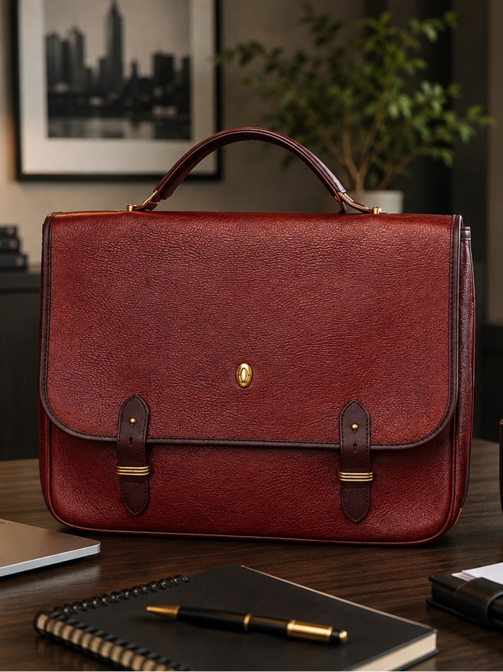 Cartier Burgundy Leather Laptop Briefcase with Gold Hardware